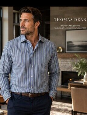 Thomas Dean Pima Cotton Stripe Button Down Shirt Men's XXL Blue Business Casual